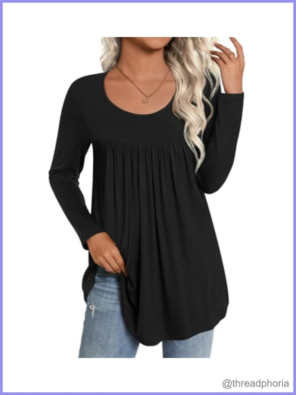 Womens Long Sleeve Tunic Top Loose Fit Scoop Neck Flare Hem Casual